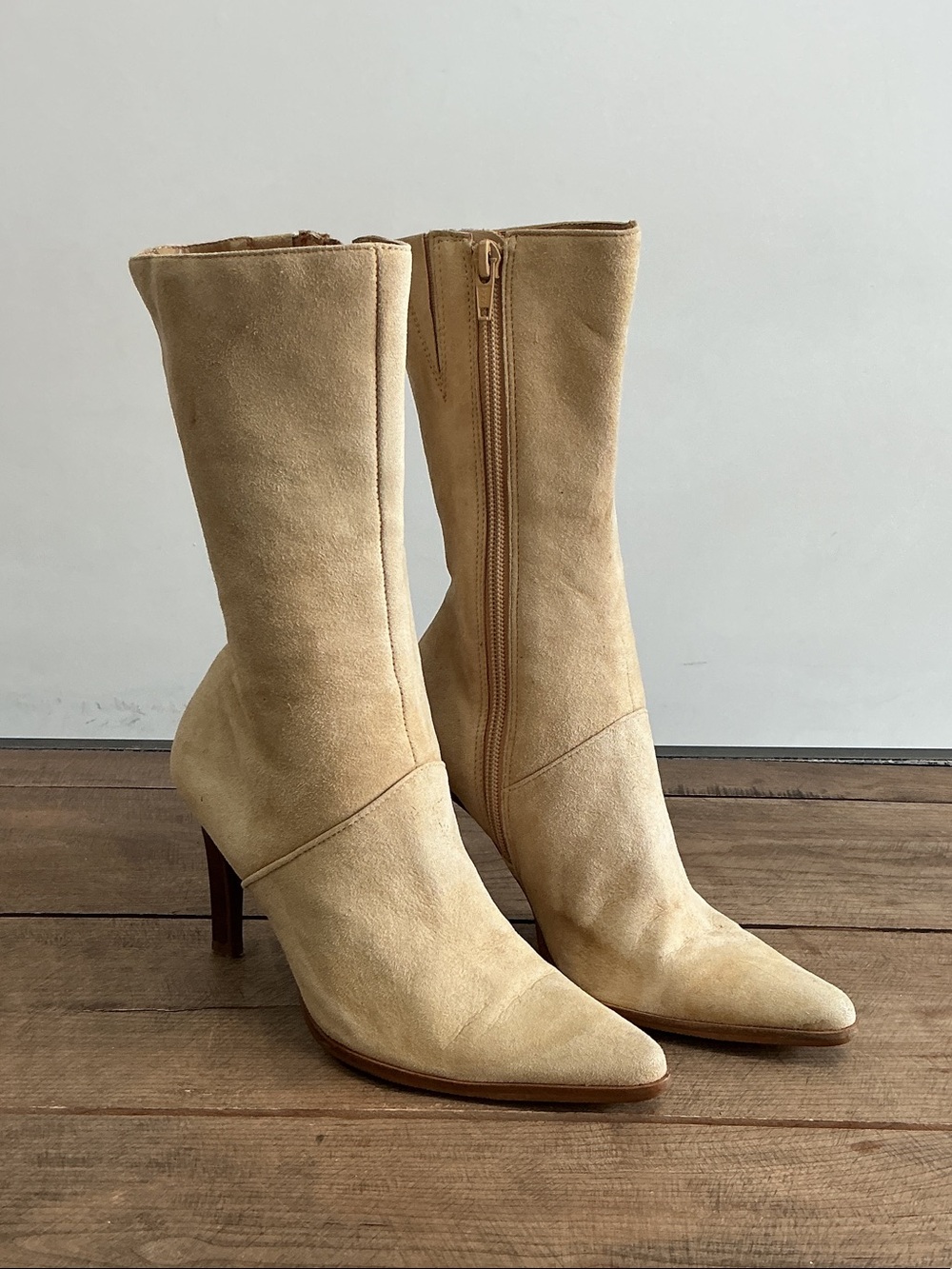 Cathy Jean Tan Suede Mid-Calf Pointed Toe Heeled Boots